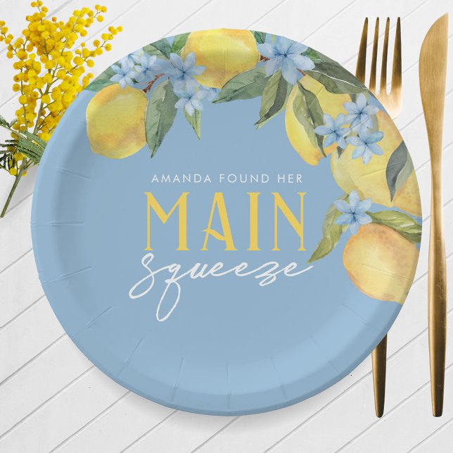Assiettes En Carton Aquarelle Citron bleu Squeeze principal Personnali (Watercolor Lemon Main Squeeze Personalized Paper Plates on Blue. 7'' or 9'' Available)