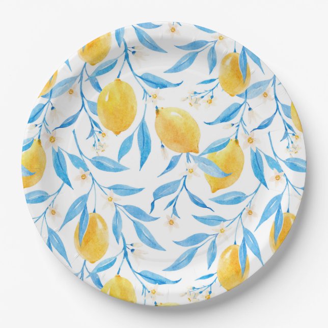 Assiettes En Carton Aquarelle Citron et Feuilles bleus (Devant)