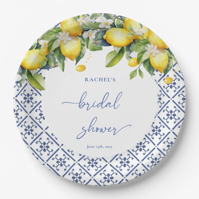 Assiettes En Carton Aquarelle Citron Fête des mariées méditerranéenne (Devant)