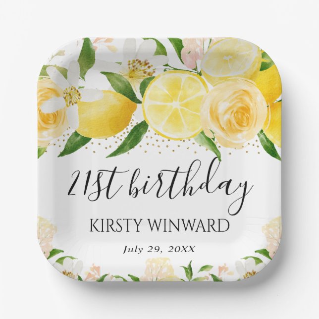 Assiettes En Carton Aquarelle Citrons et fleurs Anniversaire (Recto)