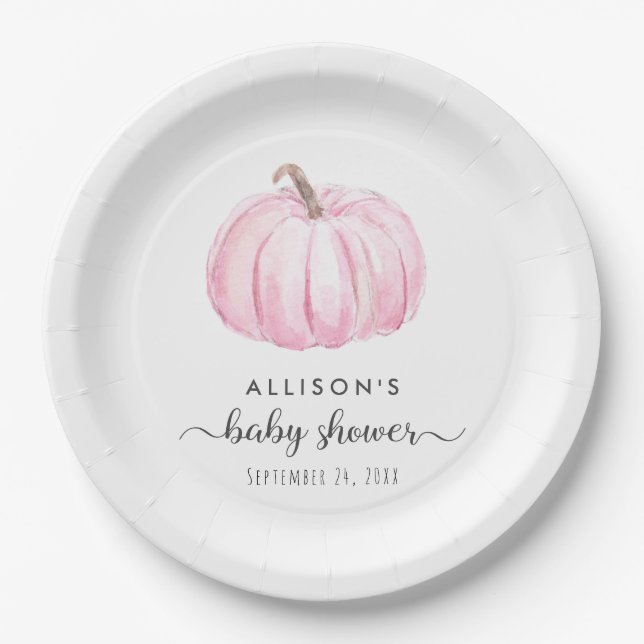 Assiettes En Carton Aquarelle Citrouille minimale Bébé Fille Douche (Devant)