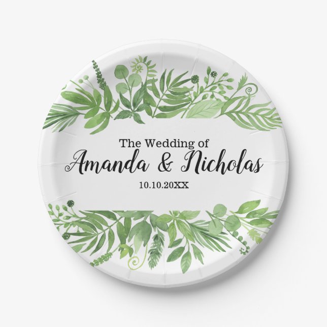 Assiettes En Carton Aquarelle classique sauvage prairie verte Mariage (Devant)