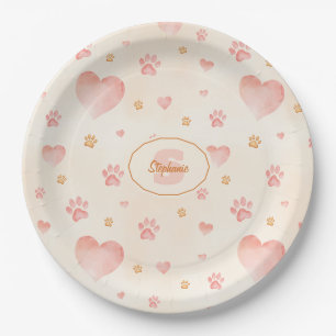 Assiettes En Carton Aquarelle Coeurs et Empreintes de pattes Motif