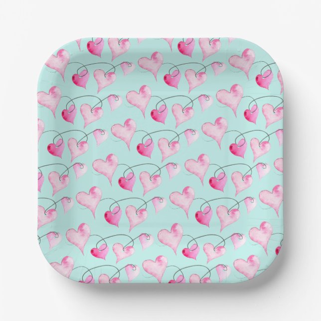 Assiettes En Carton Aquarelle Coeurs roses (Recto)