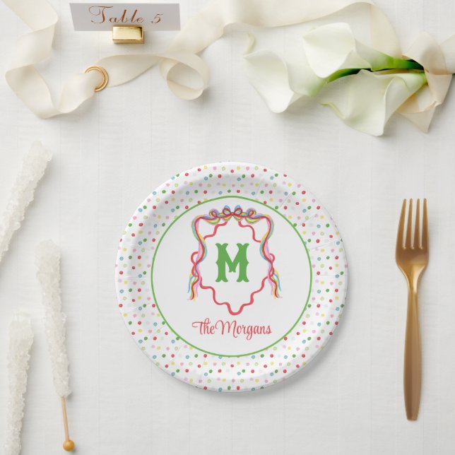 Assiettes En Carton Aquarelle Confetti Noël Bow Monogram Crest (Mariage)