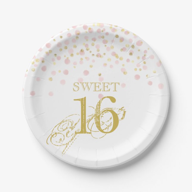 Assiettes En Carton Aquarelle Confetti Sweet 16 Elégant Or Rose (Devant)