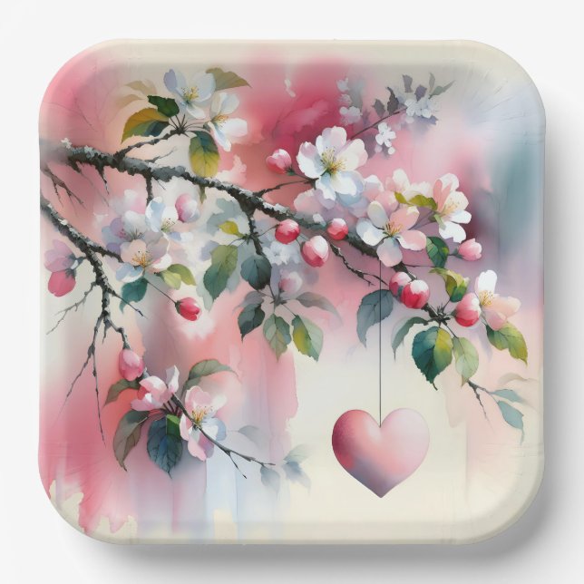 Assiettes En Carton Aquarelle Crabapper Arbre Avec Coeur (Recto)