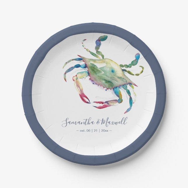 Assiettes En Carton Aquarelle Crabe bleu Petit Mariage de plage (Devant)