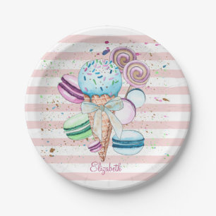Assiettes En Carton Aquarelle Crème glacée, Macarons, Bandes roses