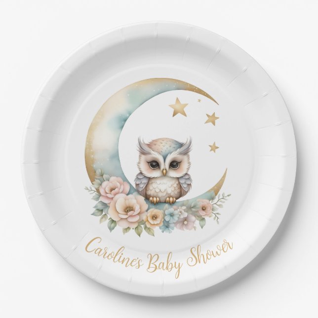 Assiettes En Carton Aquarelle Cute Chouette Baby shower plaque papier (Devant)