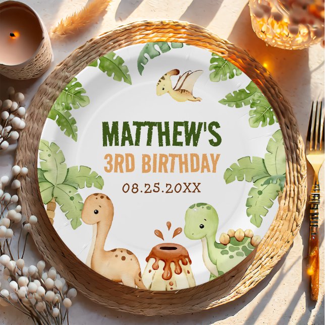 Assiettes En Carton Aquarelle Cute Dinosaur Vert 3e anniversaire (Créateur téléchargé)