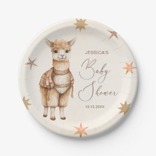Assiettes En Carton Aquarelle Cute Llama Baby shower beige
