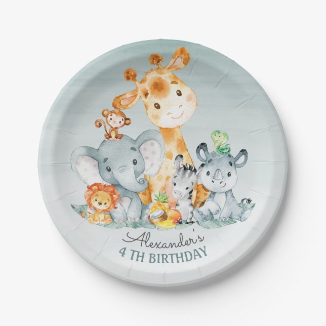 Assiettes En Carton Aquarelle Cute Safari Jungle Animaux Anniversaire (Devant)