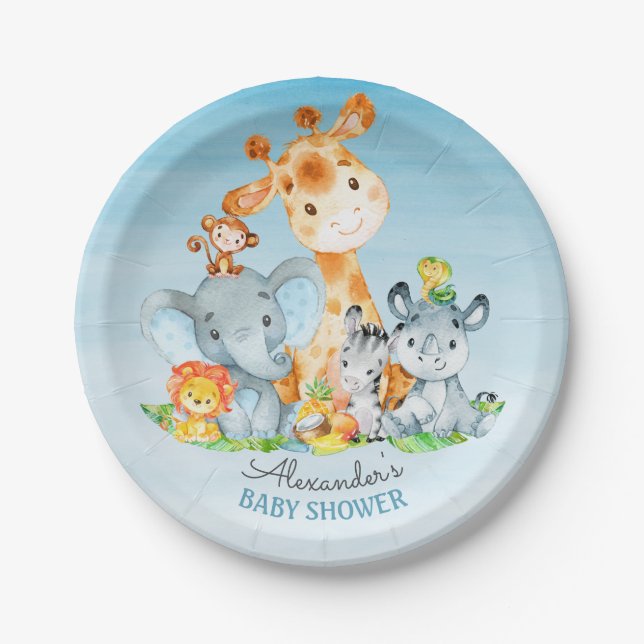 Assiettes En Carton Aquarelle Cute Safari Jungle Animaux Baby shower (Devant)