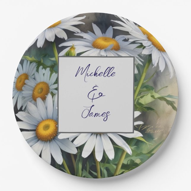 Assiettes En Carton Aquarelle Daisies Fleurs Professionnel tendance (Devant)