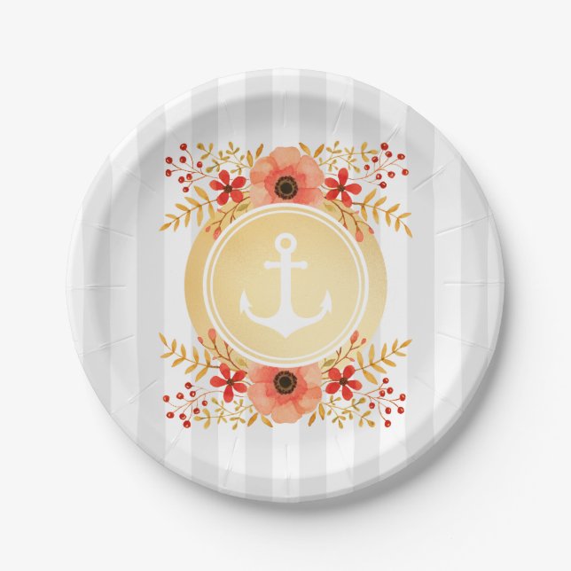Assiettes En Carton Aquarelle d'Ancre marine or à rayures florales (Devant)