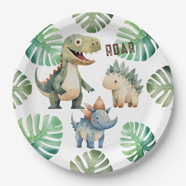 Assiettes En Carton Aquarelle d'anniversaire de Dinosaur (Devant)