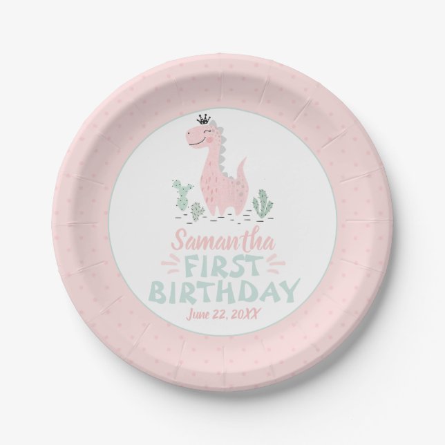 Assiettes En Carton Aquarelle d'anniversaire fille Dinosaure rose et t (Devant)