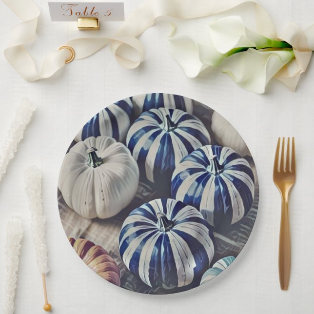 Assiettes En Carton Aquarelle d'automne Design Citrouille bleu et blan (Mariage)