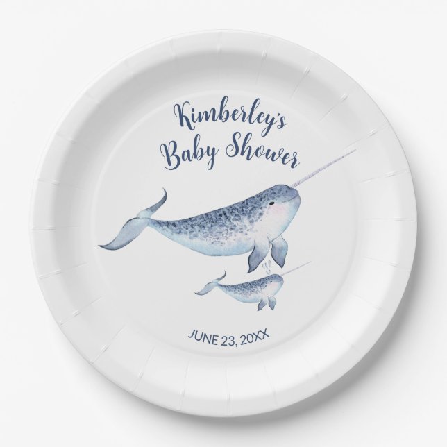 Assiettes En Carton Aquarelle de Baby shower de baleine Plaque de papi (Devant)