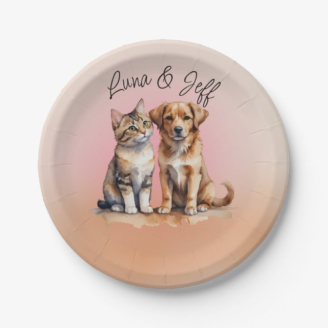 Assiettes En Carton Aquarelle de chat et chien mignonne (Devant)
