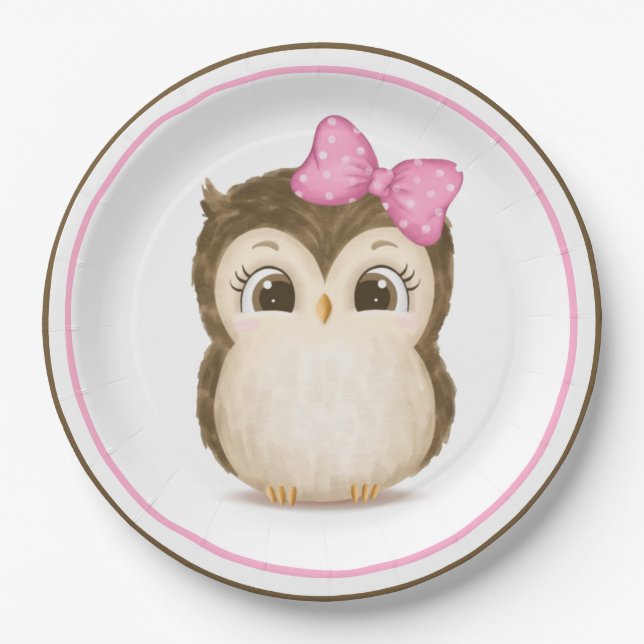 Assiettes En Carton Aquarelle de Chouette Woodland rose (Devant)