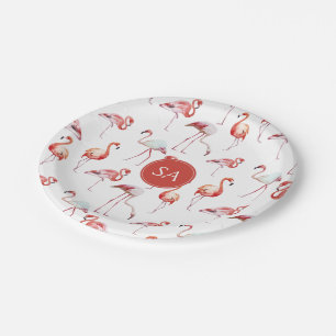 Assiettes En Carton Aquarelle de Flamant rose rose tropicale monogramm
