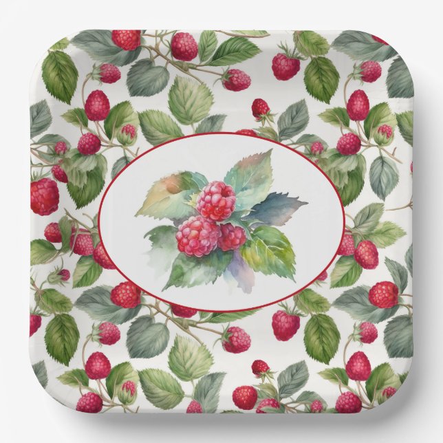 Assiettes En Carton Aquarelle de framboises mignonnes (Recto)