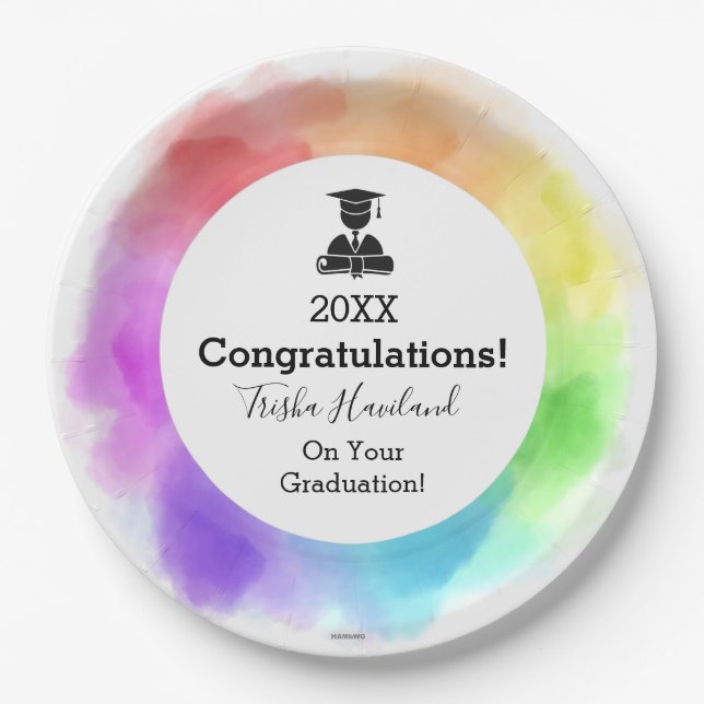 Assiettes En Carton Aquarelle de Graduation Plaques papier Regarder HA (Devant)