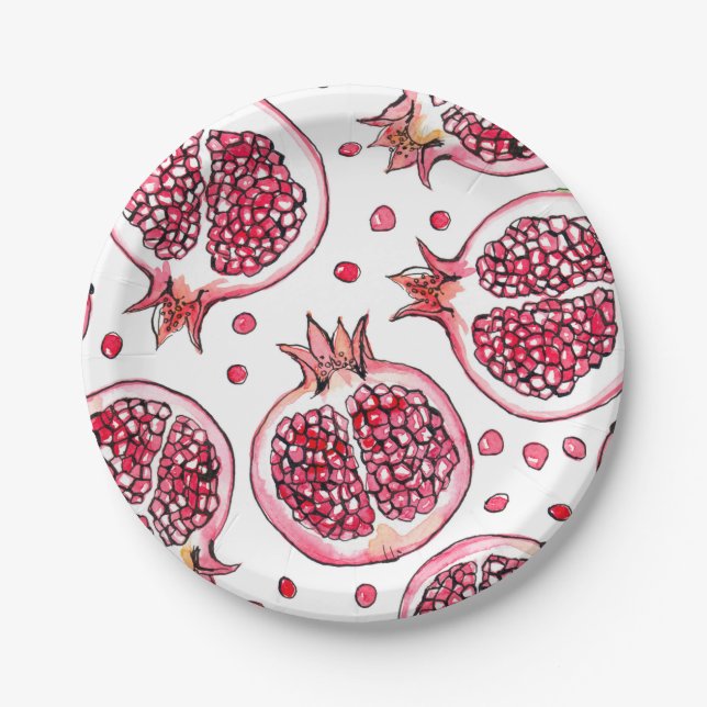 Assiettes En Carton Aquarelle de grenade et motif d'encre (Devant)