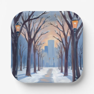 Assiettes En Carton Aquarelle de la chute de neige hivernale de Boston