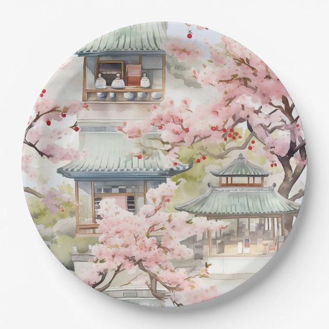 Assiettes En Carton Aquarelle de la pagode asiatique au milieu des fle (Devant)