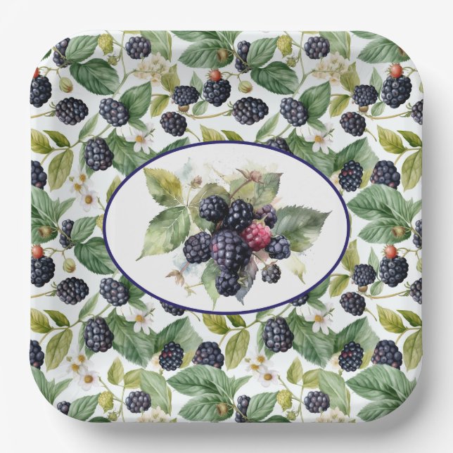 Assiettes En Carton Aquarelle de mûre Blackberry (Recto)