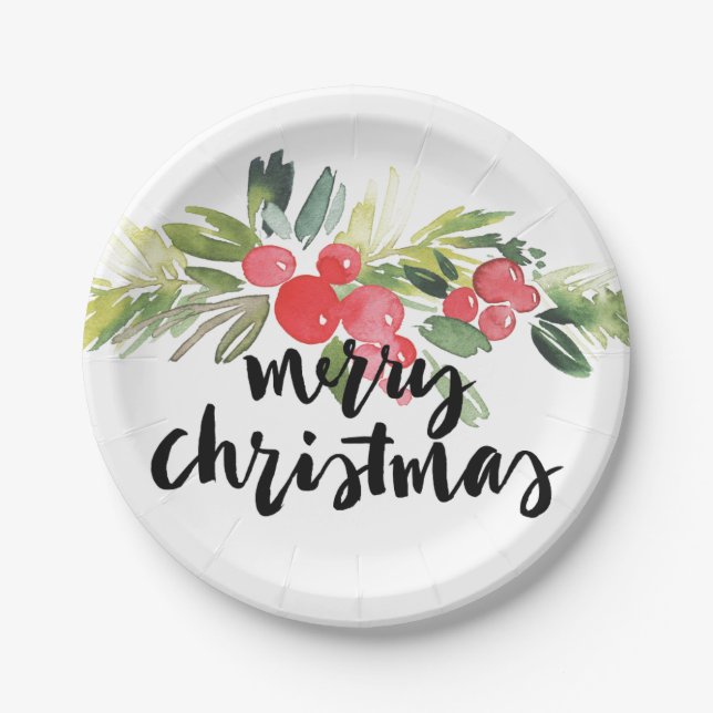 Assiettes En Carton Aquarelle de Noël | - houx de Joyeux Noël (Devant)