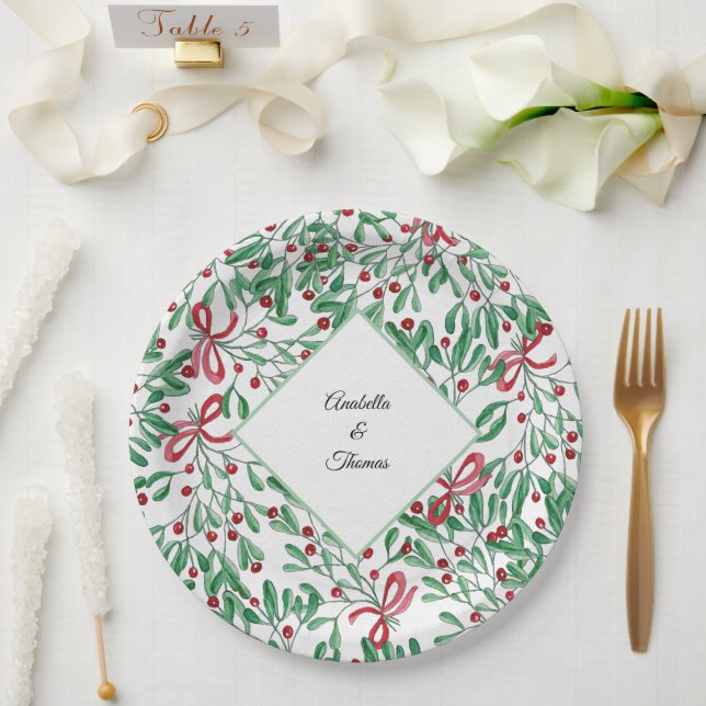 Assiettes En Carton Aquarelle de Noël Rustique Mistletoe (Mariage)