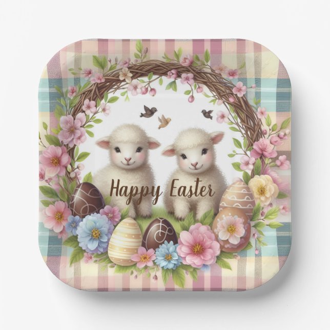 Assiettes En Carton Aquarelle de Pâques plaqué deux agneaux (Recto)