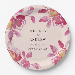 Assiettes En Carton Aquarelle de Rose clair Mariage moderne
