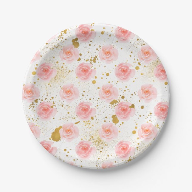 Assiettes En Carton Aquarelle de roses roses roses d'or (Devant)