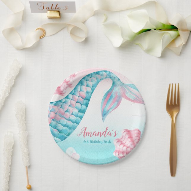 Assiettes En Carton Aquarelle de sirène Anniversaire (Mariage)