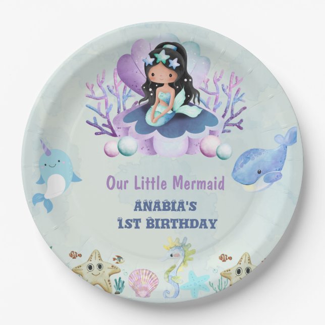 Assiettes En Carton Aquarelle de sirène magique fête d'anniversaire (Devant)