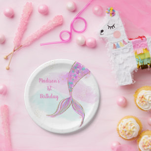 Assiettes En Carton Aquarelle de sirène rose pourpre Anniversaire