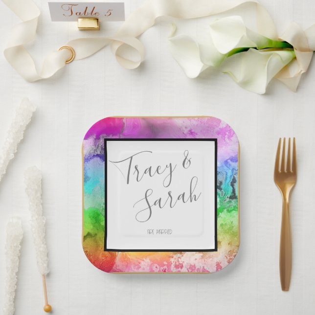 Assiettes En Carton Aquarelle d'encre d'alcool arc-en-ciel (Mariage)