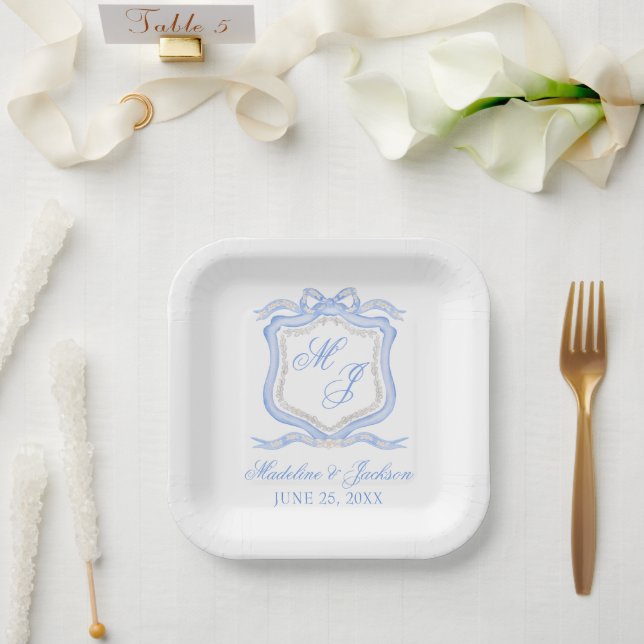 Assiettes En Carton Aquarelle Designer Blue Monogram Crest Mariage (Mariage)
