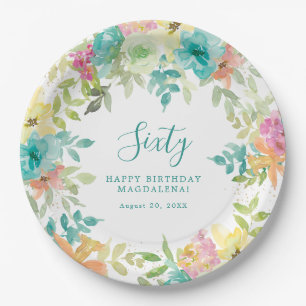 Assiettes En Carton Aquarelle d'été Floral Custom 60e anniversaire