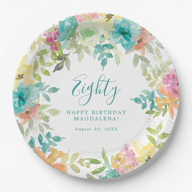 Assiettes En Carton Aquarelle d'été Floral Custom 80e anniversaire (Devant)