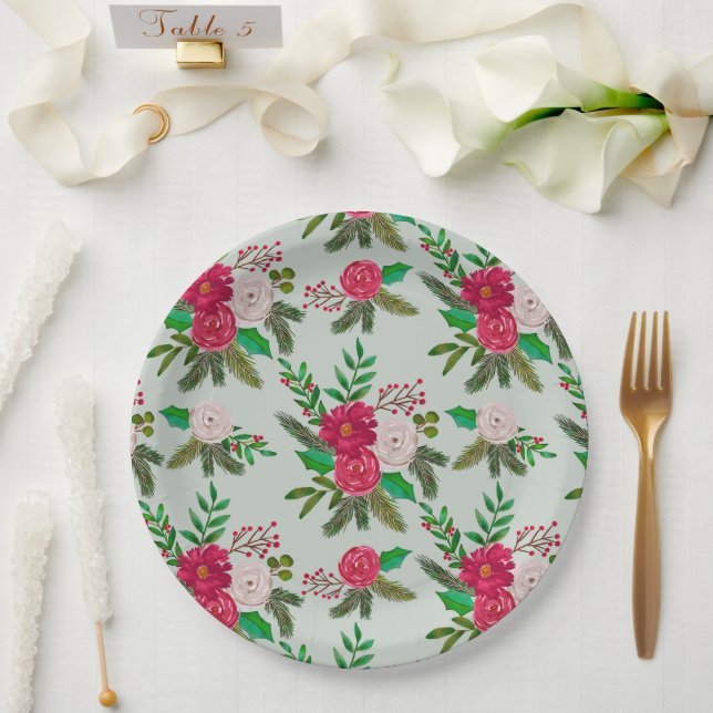 Assiettes En Carton Aquarelle d'hiver motifs floraux sur vert clair (Mariage)