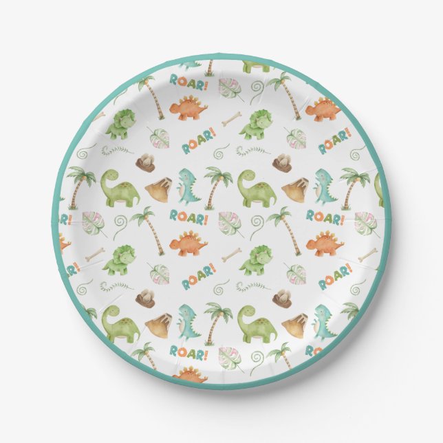 Assiettes En Carton Aquarelle Dinosaure Plaque papier d'anniversaire (Devant)
