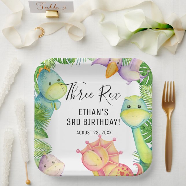 Assiettes En Carton Aquarelle Dinosaure Trois Rex 3e anniversaire (Mariage)