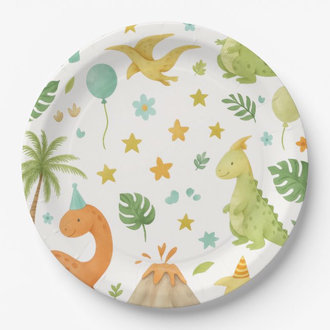 Assiettes En Carton Aquarelle Dinosaure Vert Plaque Papier d'Anniversa (Devant)
