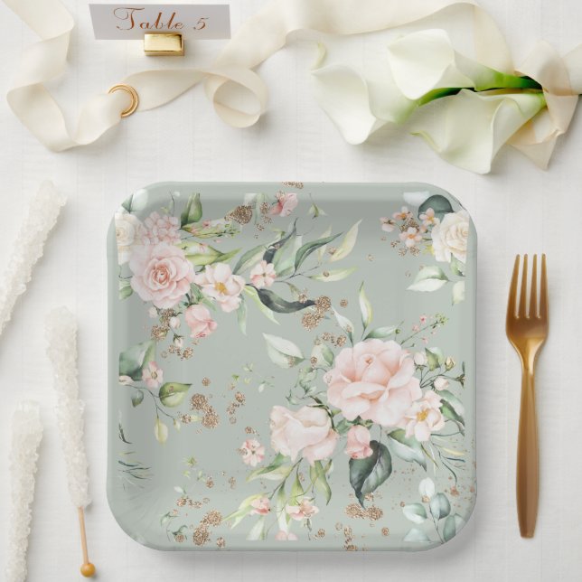 Assiettes En Carton Aquarelle d'or vert Sage Floral Botanique (Mariage)